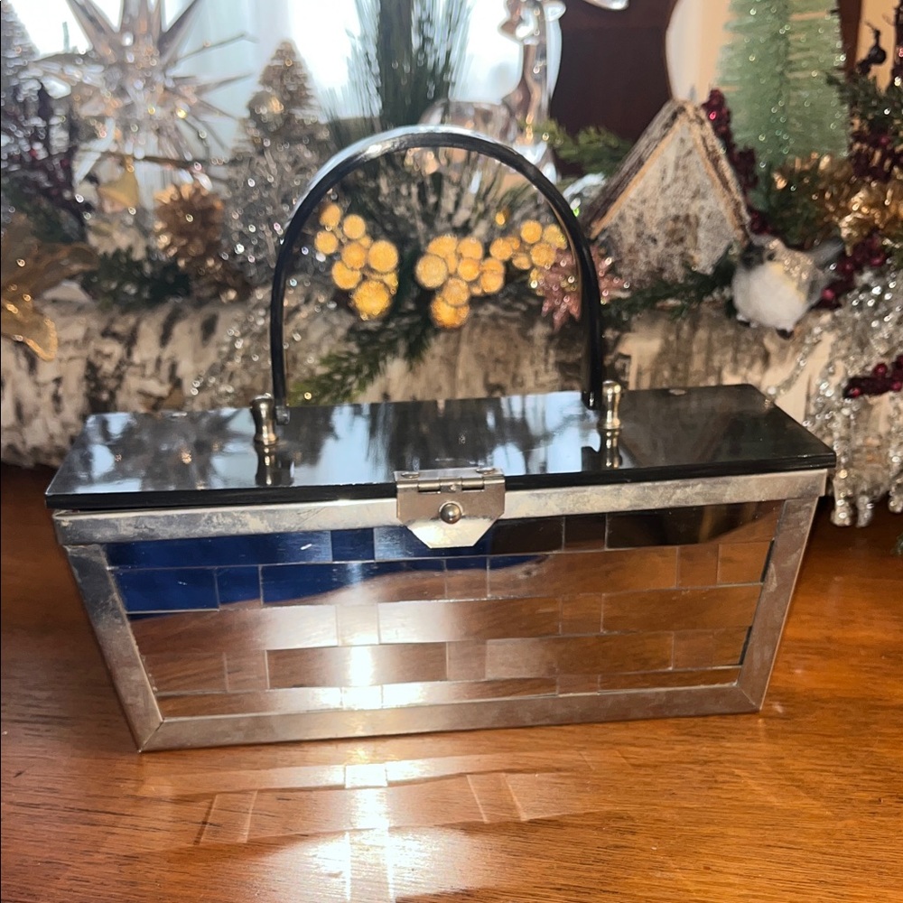 Vintage 1960’s Lucite & Silver Mirror Basket Weave Rectangle Box Purse